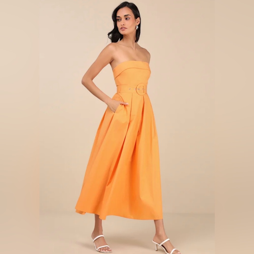 Lulus Trendsetting Choice Orange Strapless Midi Dress with pockets. NWT. Small - Picture 2 of 6